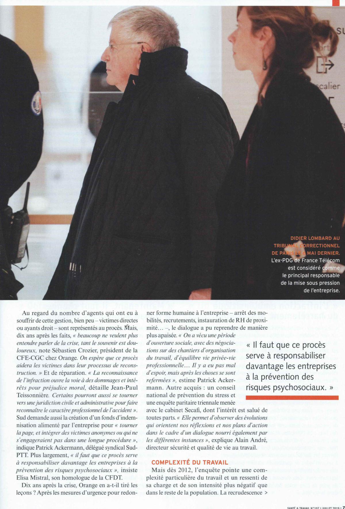 Article Santé et Travail Juillet 2019. France télécom passe du rouge à l'Orange