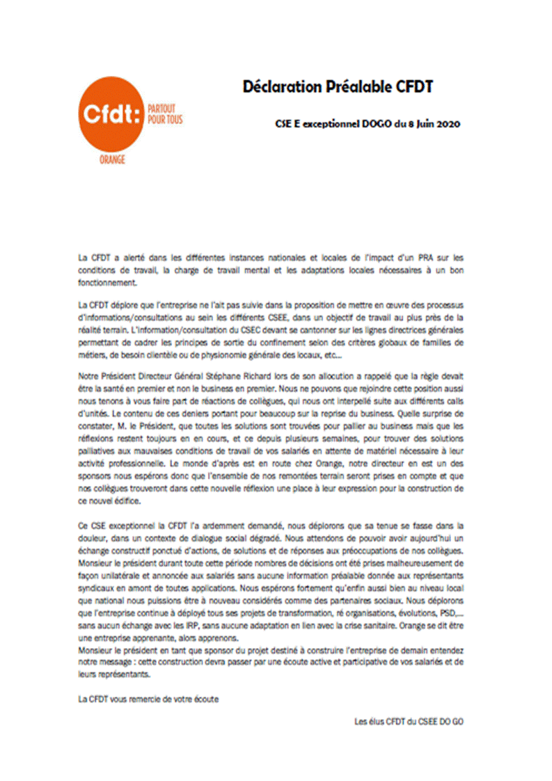 Déclaration Préalable CFDT CSE Exceptionnel DOGO du 8 Juin 2020