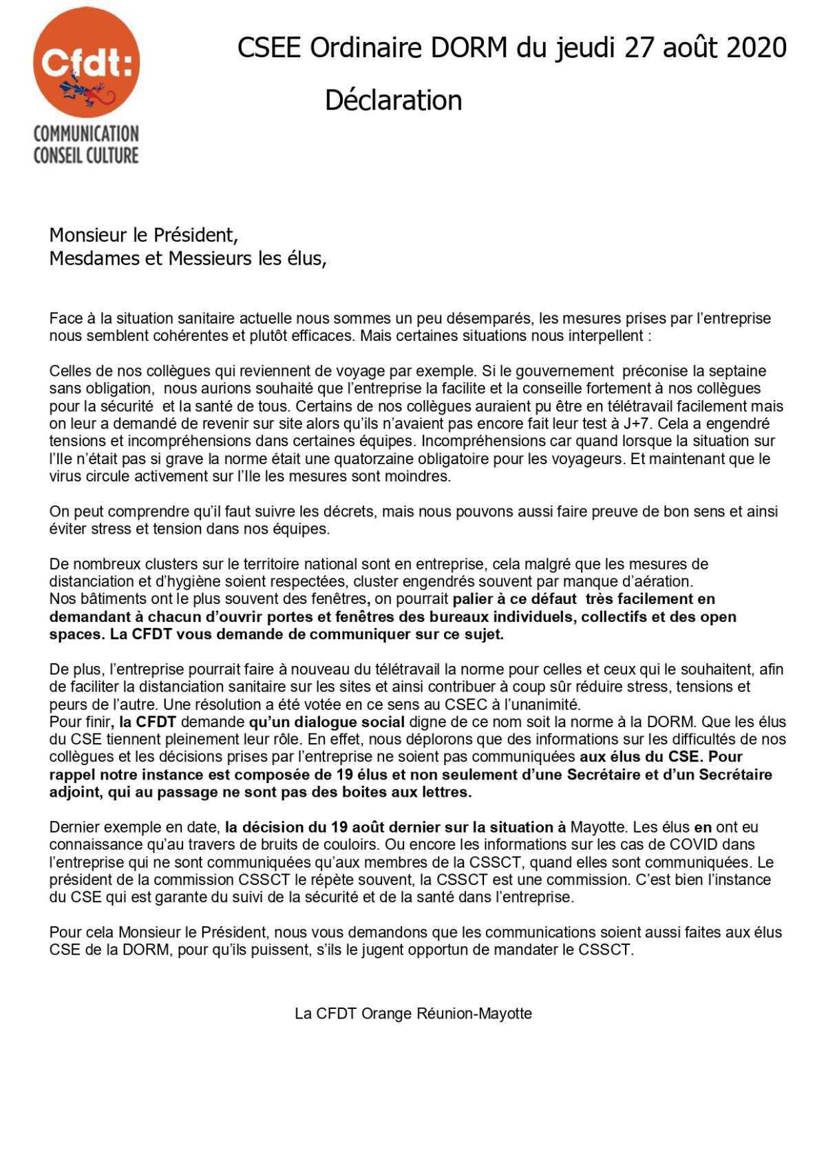 Déclaration de la CFDT lors du CSEE du 27 août