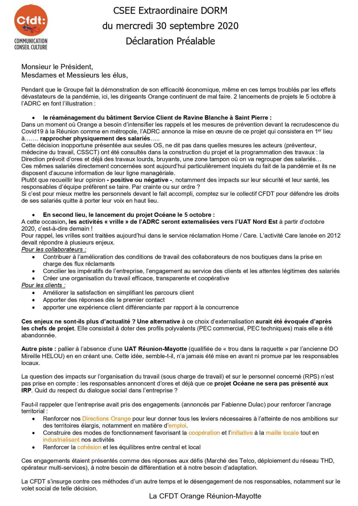Déclaration de la CFDT lors du CSSE extraordinaire du 30 septembre