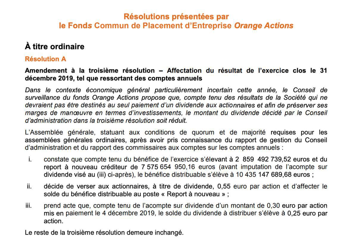 Résolutions présentées par le Fond Commun de Placement d'Entreprise Orange Actions - Mai 2020