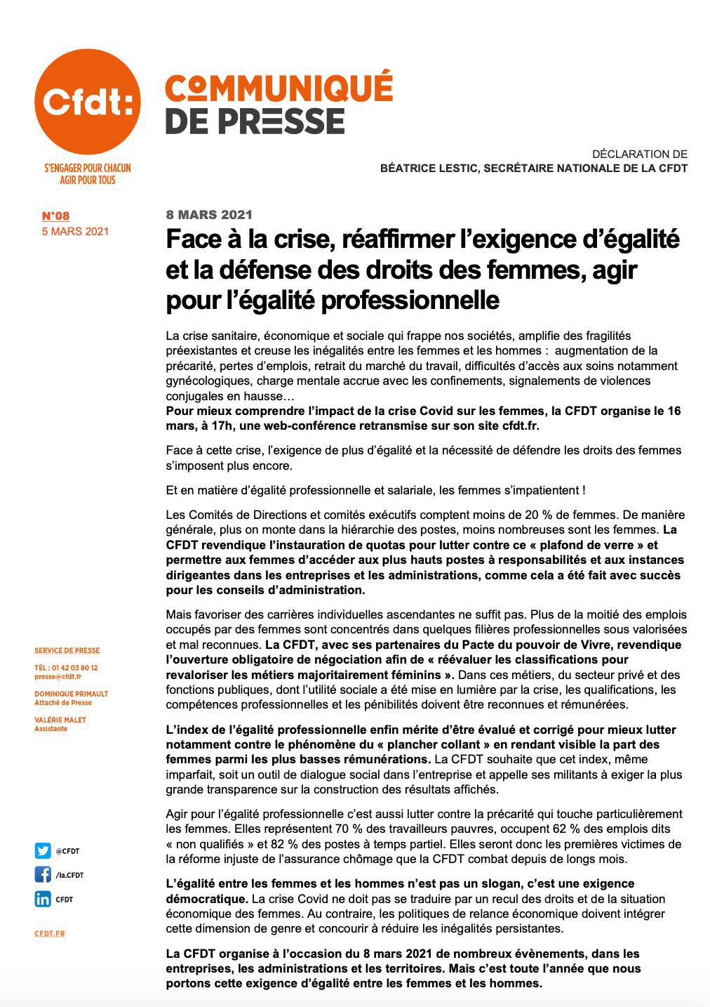 Communiqué de Presse - 8 mars 2021