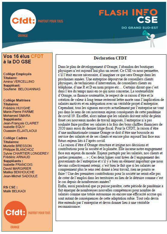 La lettre des élu(e)s CSE - Mars 2021