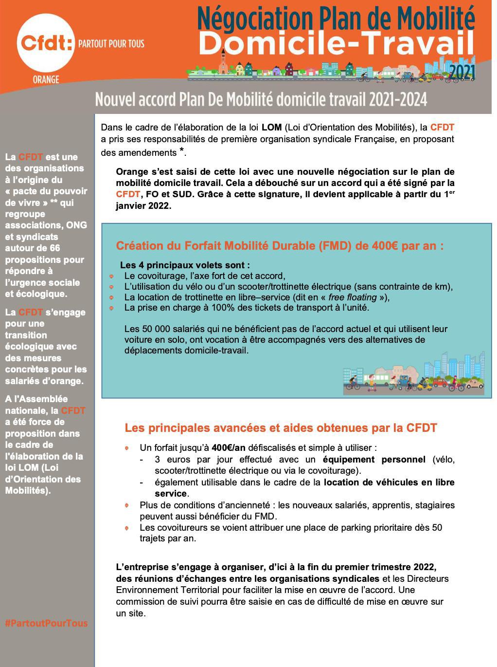 Nouvel accord Plan de Mobilité domicile-travail 2021-2024