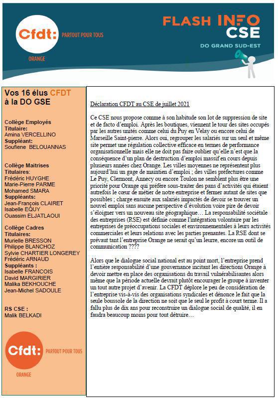 La lettre des élu(e)s CSE - Juillet 2021