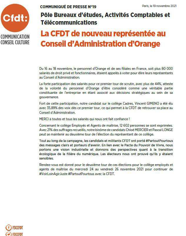 La CFDT au Conseil d'Administration Orange