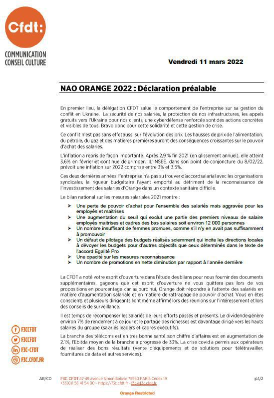 NAO 2022 : Déclaration préalable CFDT