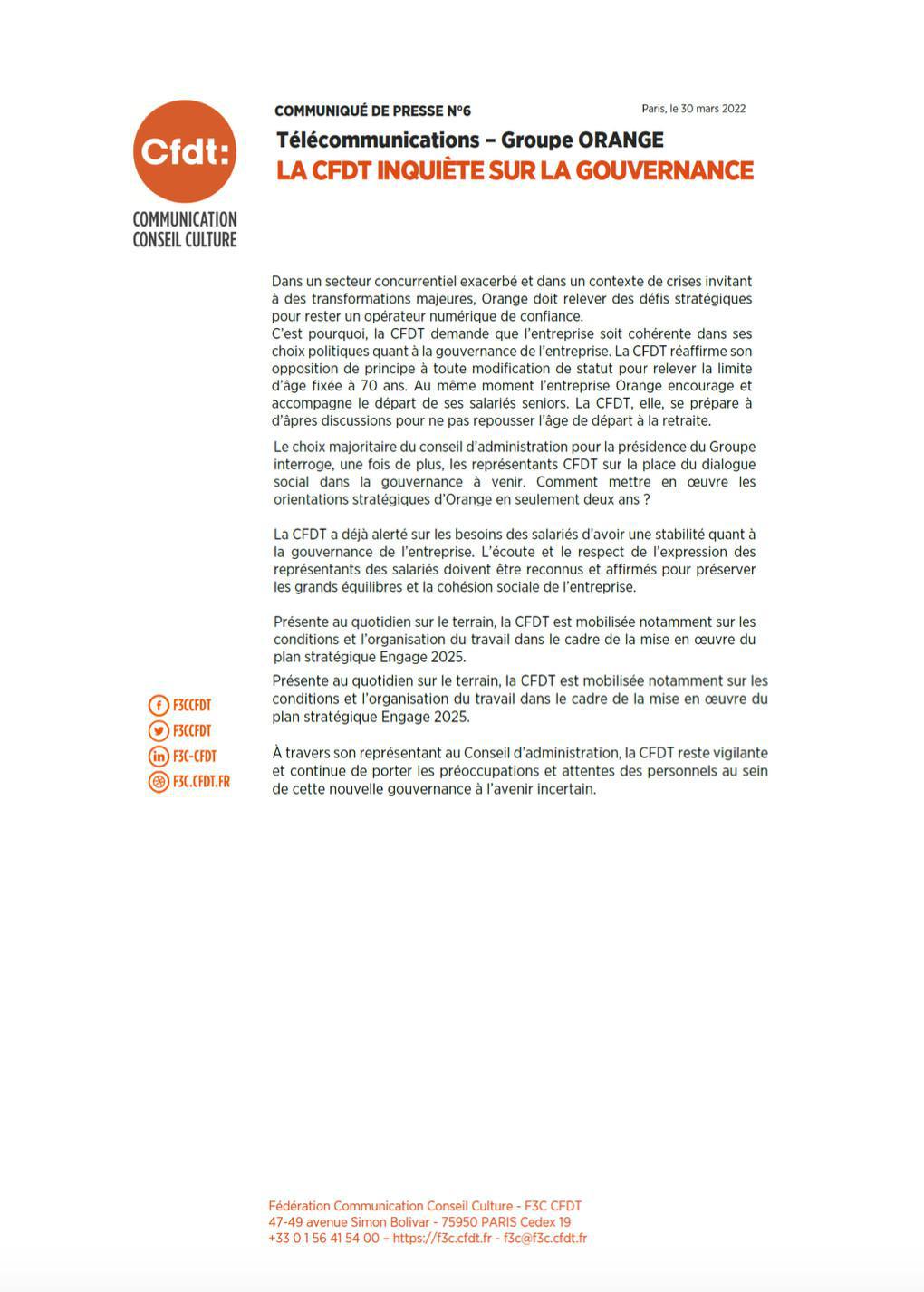 Communiqué de Presse N°6 : la CFDT inquiète sur la gouvernance - Paris, le 30 mars 2022
