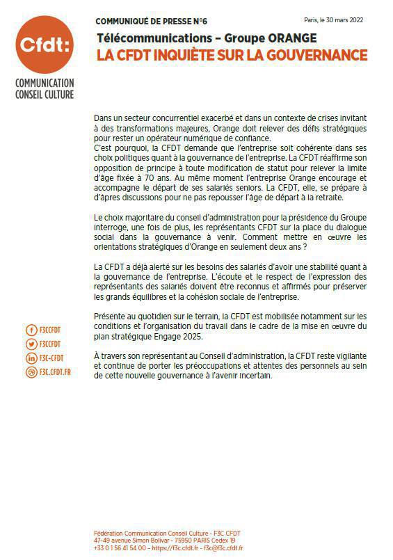 La CFDT inquiète sur la gouvernance Orange