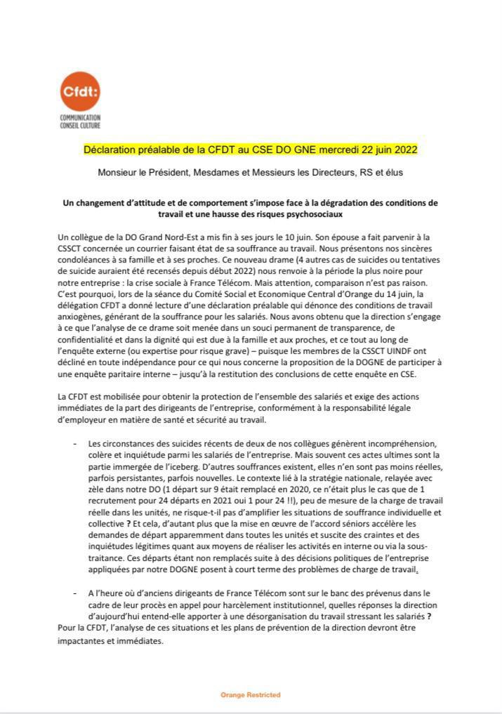 Déclaration préalable de la CFDT au CSE DO GNE mercredi 22 juin 2022