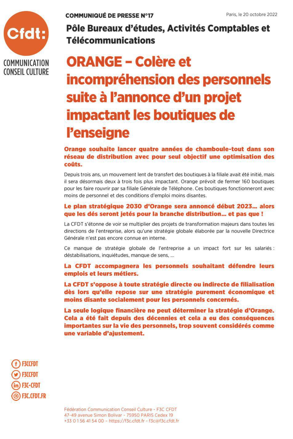 CP N°17 - Colère et incompréhension des personnels suite à l'annonce d'un projet impactant les boutiques de l'enseigne