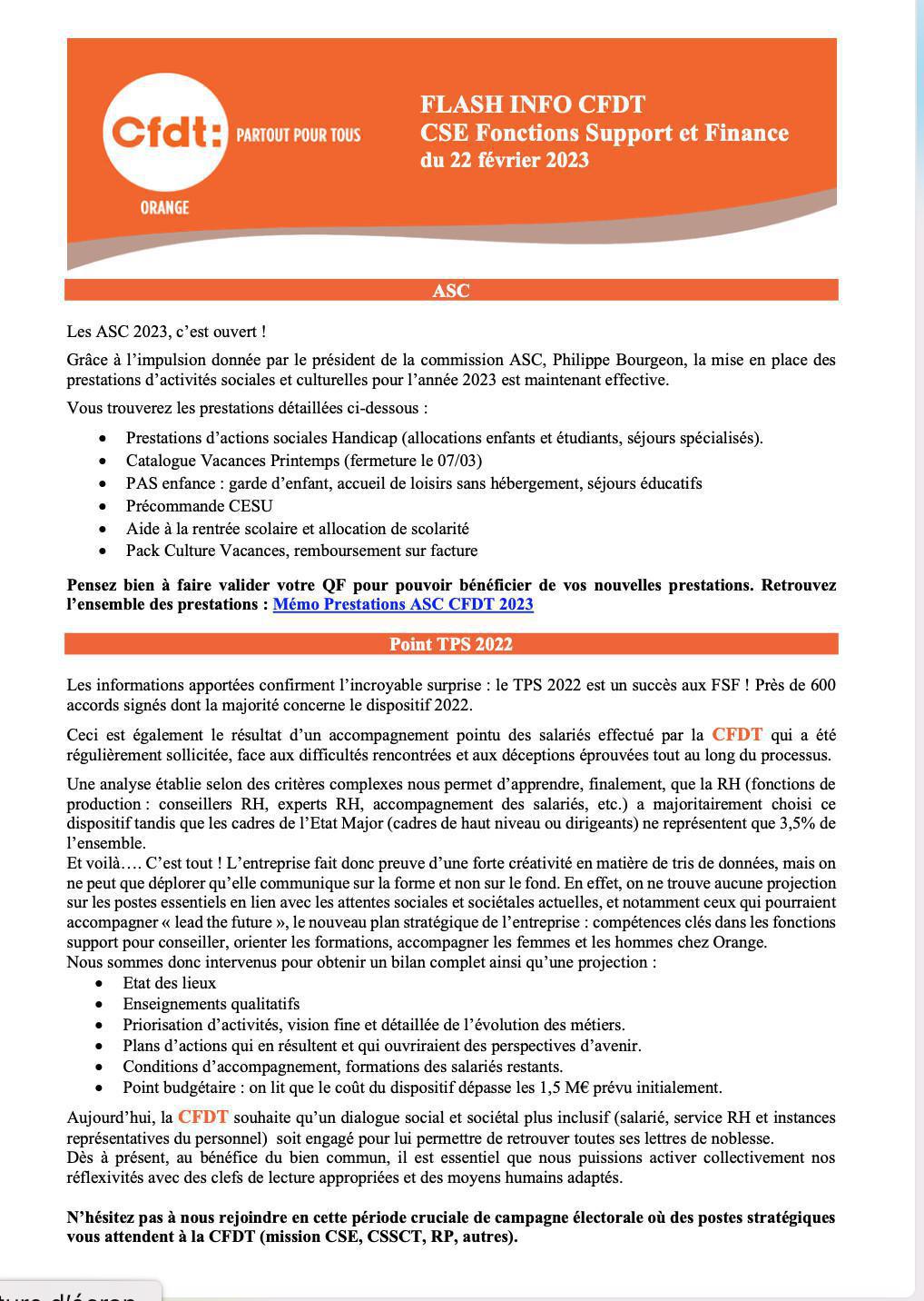 FLASH INFO CFDT CSE Fonctions Support et Finance du 22 février 2023