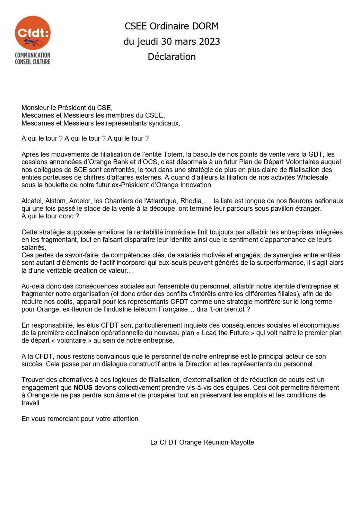 La CFDT de la DORM soutien les salariés de SCE !! 