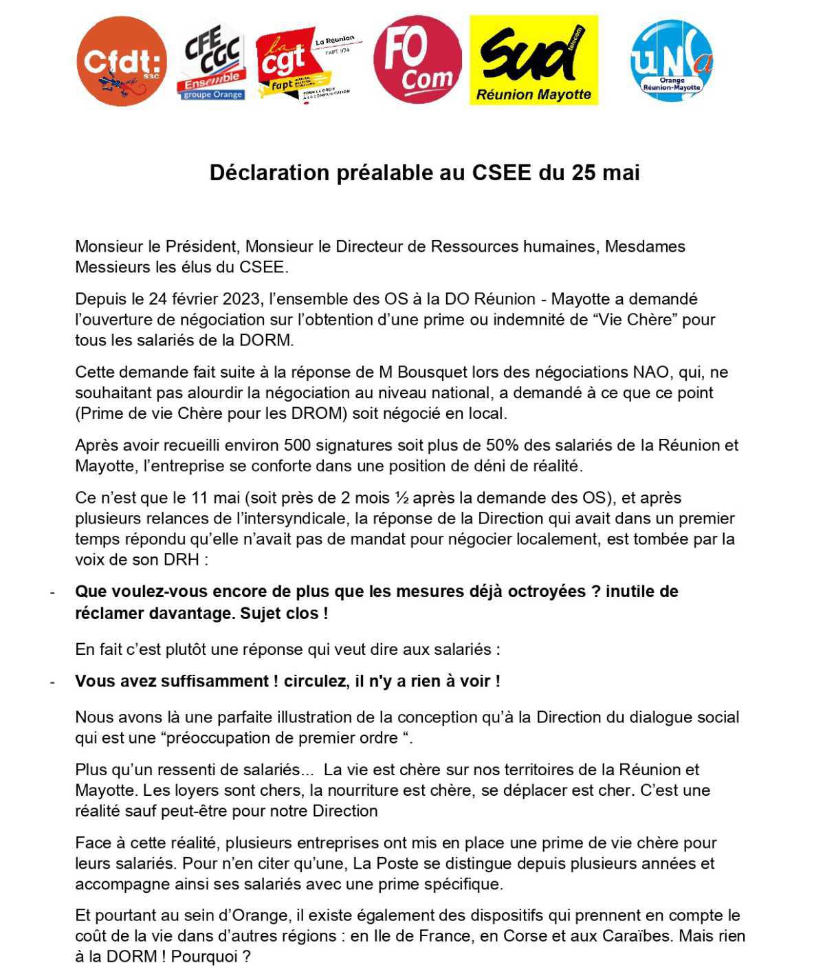#DS : Déclaration de l'Intersyndicale au CSEE !
