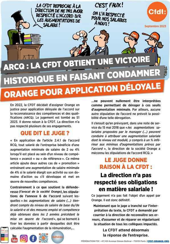 ARCQ : la CFDT obtient une victoire historique en faisant comdamner Orange pour application déloyale