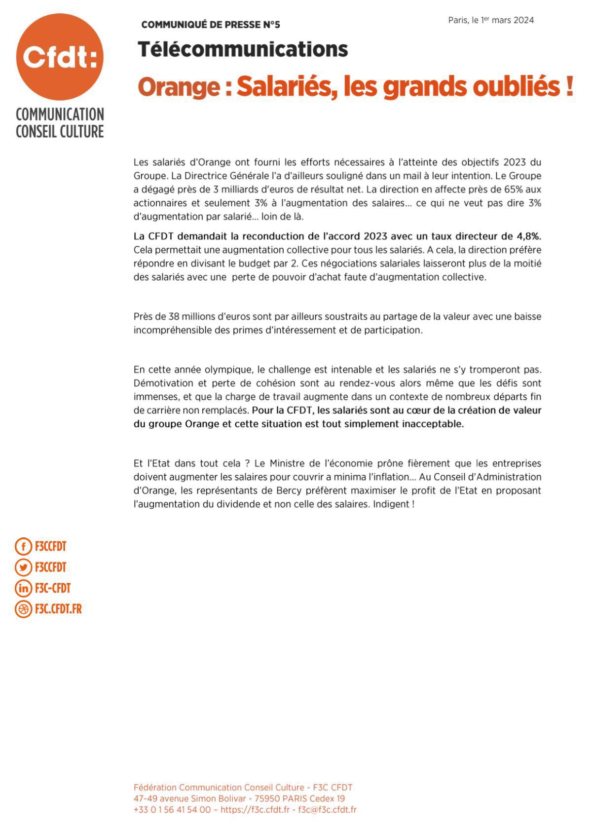 1er Mars 2024 - Communiqué de presse N°5 : ORANGE : SALARIÉS, LES GRANDS OUBLIÉS !