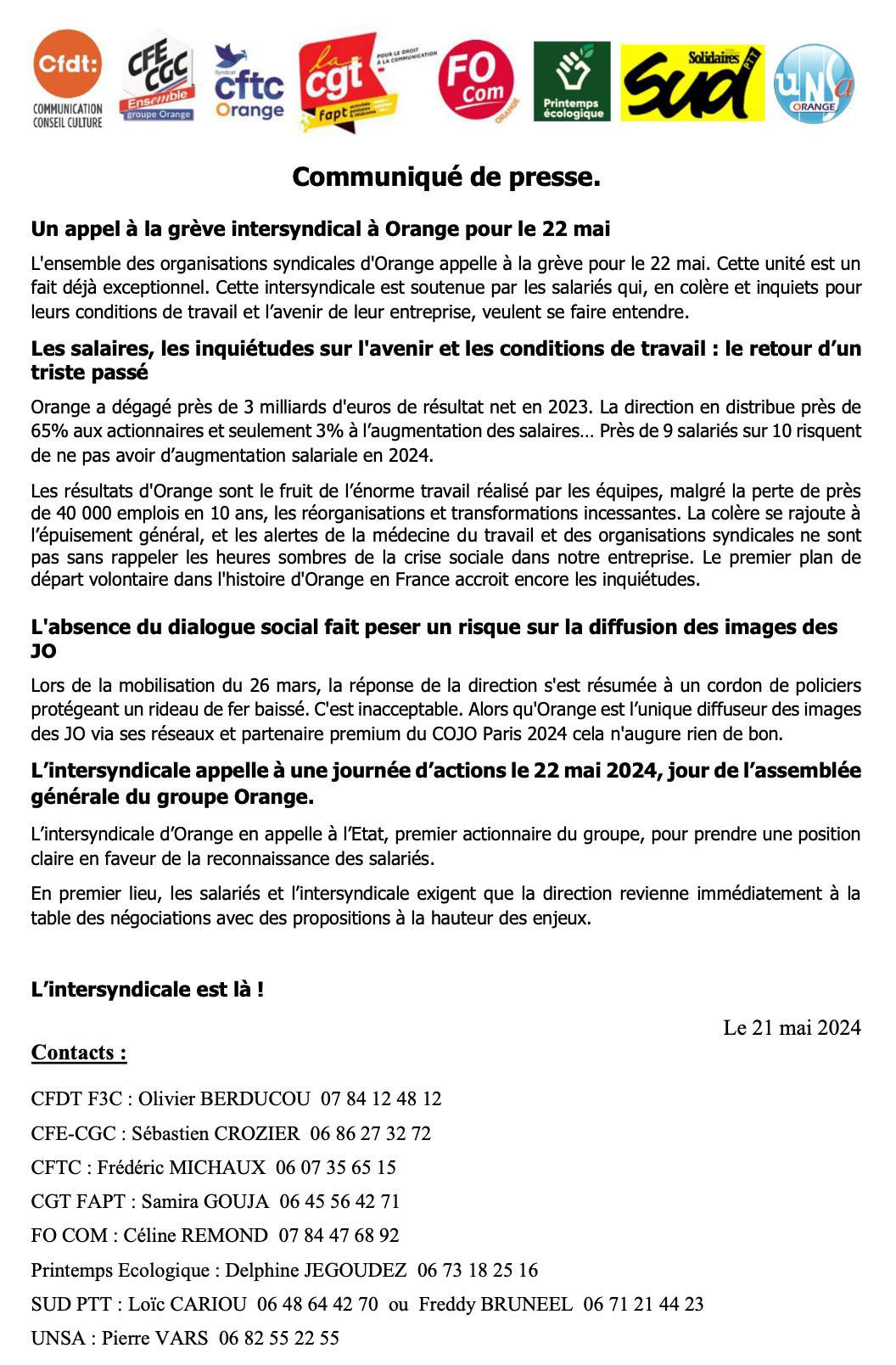 Communiqué de presse intersyndical - 21 mai 2024