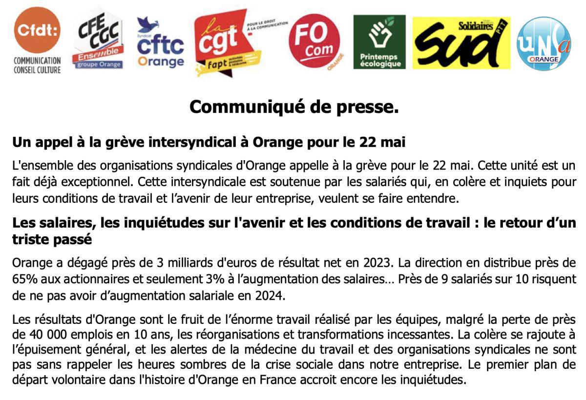 COMMUNIQUÉ DE PRESSE INTERSYNDICAL: 21 MAI 2024