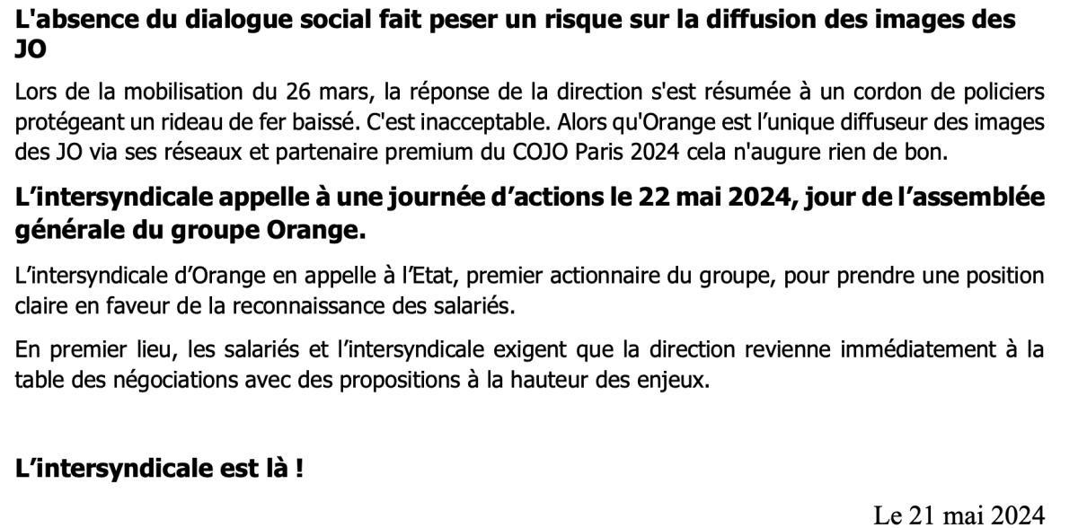 COMMUNIQUÉ DE PRESSE INTERSYNDICAL: 21 MAI 2024