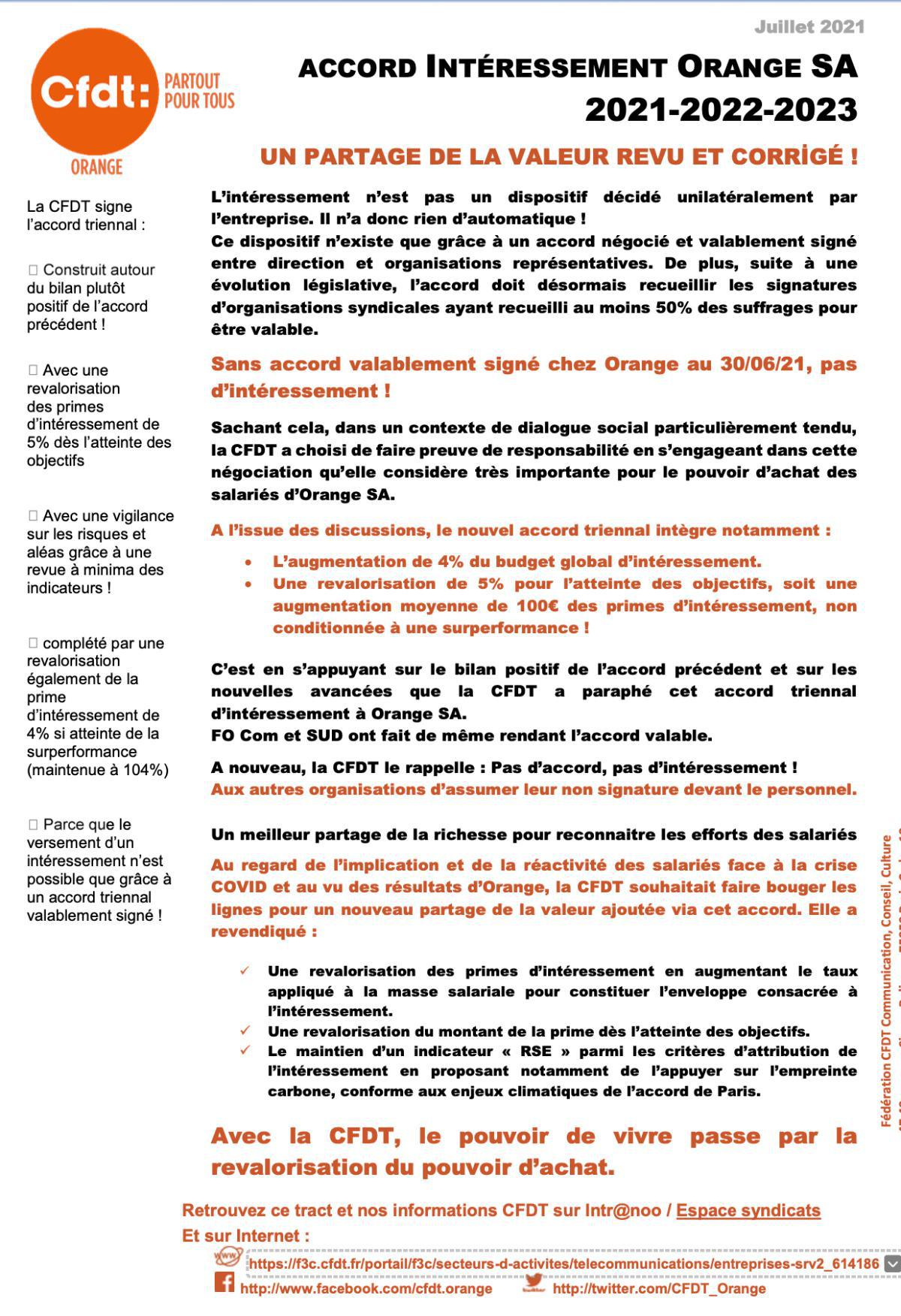 Accord intéressement Orange SA 2021-2022-2023