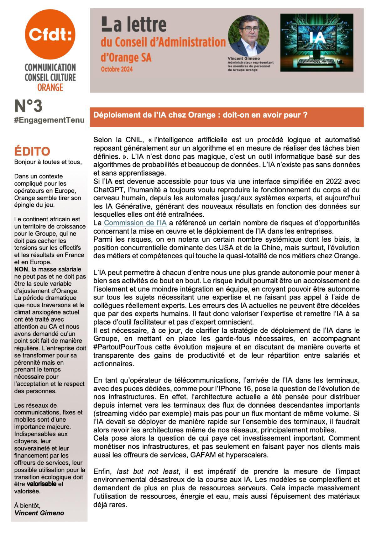 La lettre du Conseil d'Administration d'Orange SA - Octobre 2024