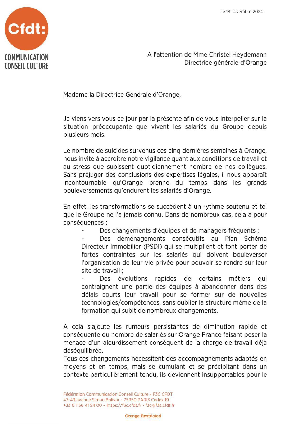 Courrier à l'attention de Christel Heydemann, Directrice Générale d'Orange -18 nov. 2024