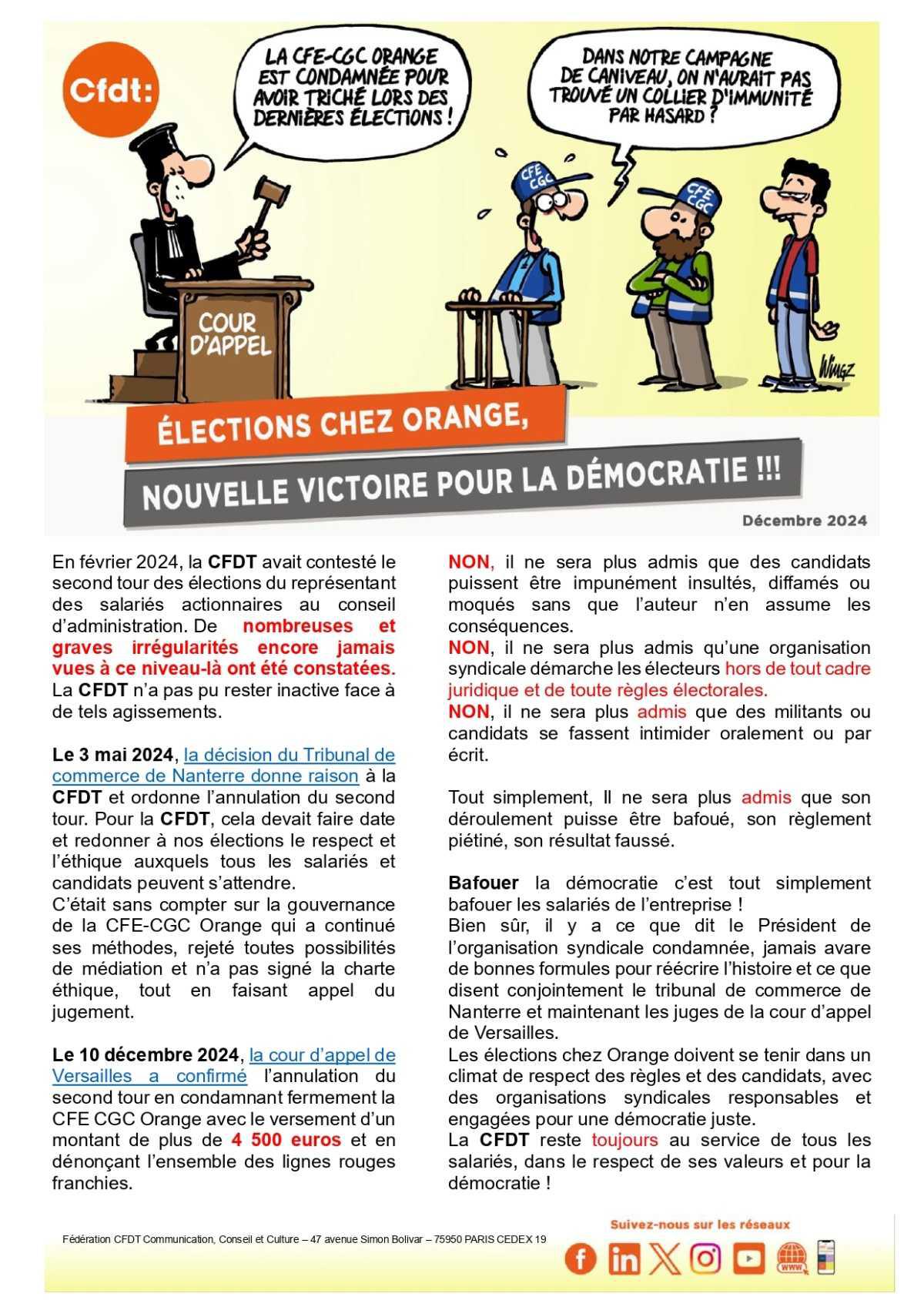 ÉLECTIONS CHEZ ORANGE, NOUVELLE VICTOIRE POUR LA DÉMOCRATIE !!