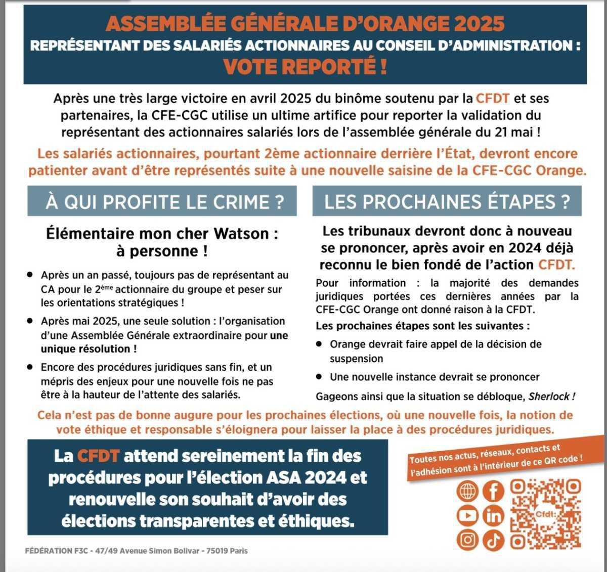 ASSEMBLÉE GÉNÉRALE D’ORANGE 2025 VOTE REPORTÉ !