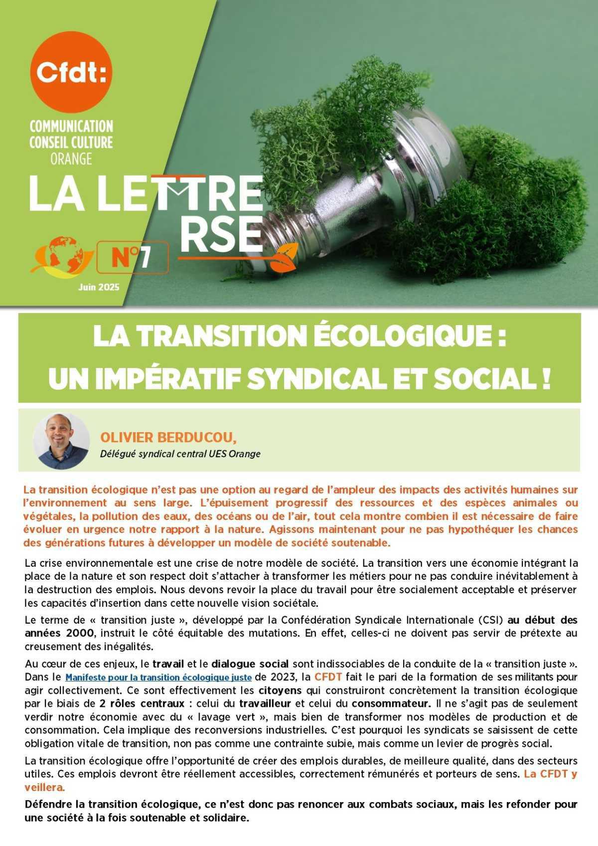 La lettre RSE N°7 – La transition écologique : un impératif syndical et social !
