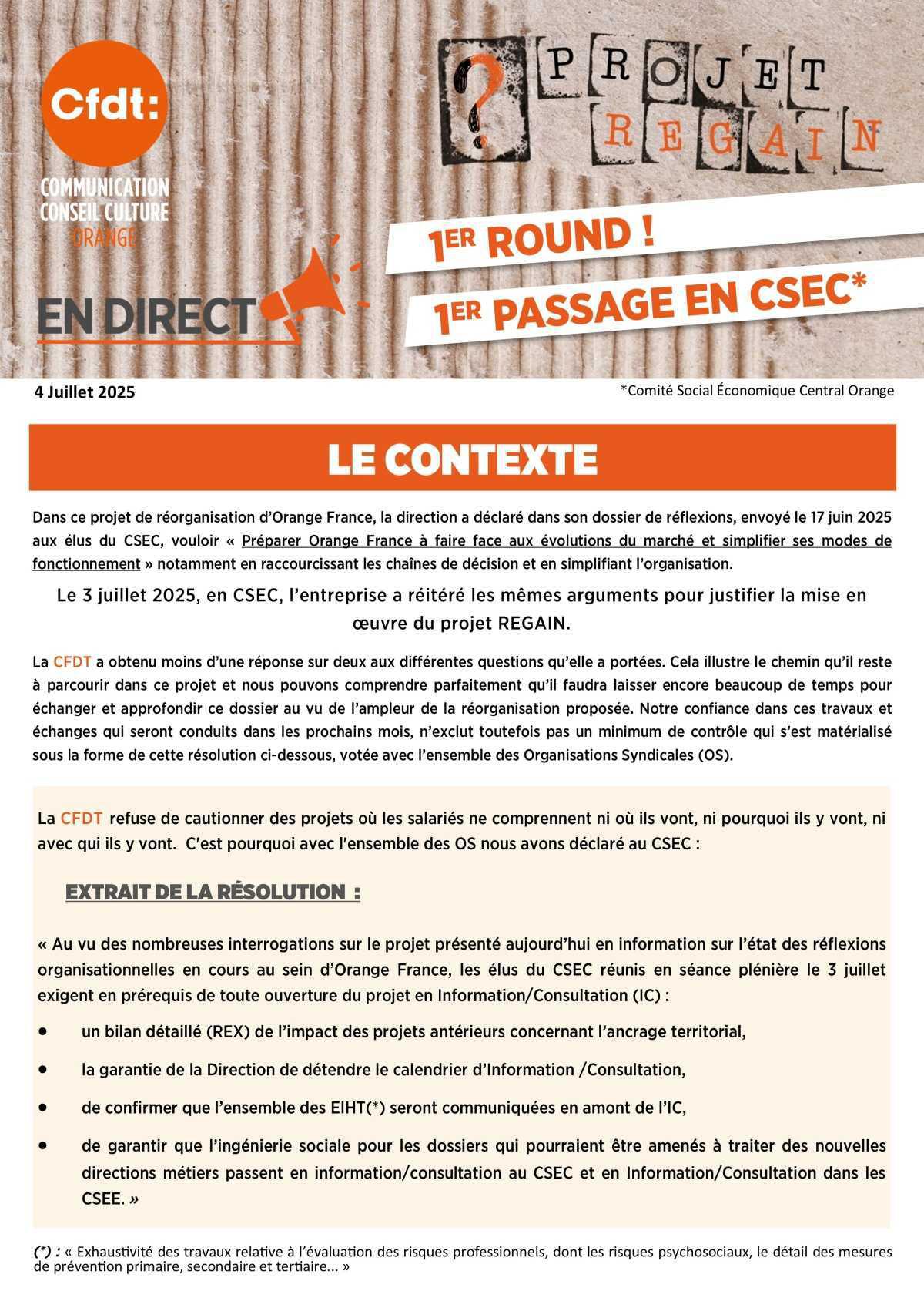 RÉORGANISATION ORANGE : PROJET REGAIN 1ER ROUND !