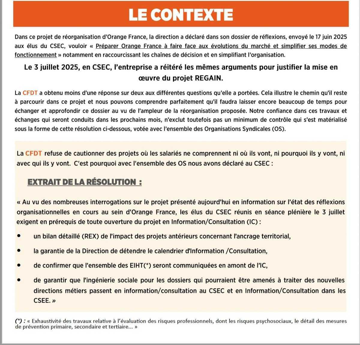 RÉORGANISATION ORANGE : PROJET REGAIN 1ER ROUND ! 7 JUILLET 2025