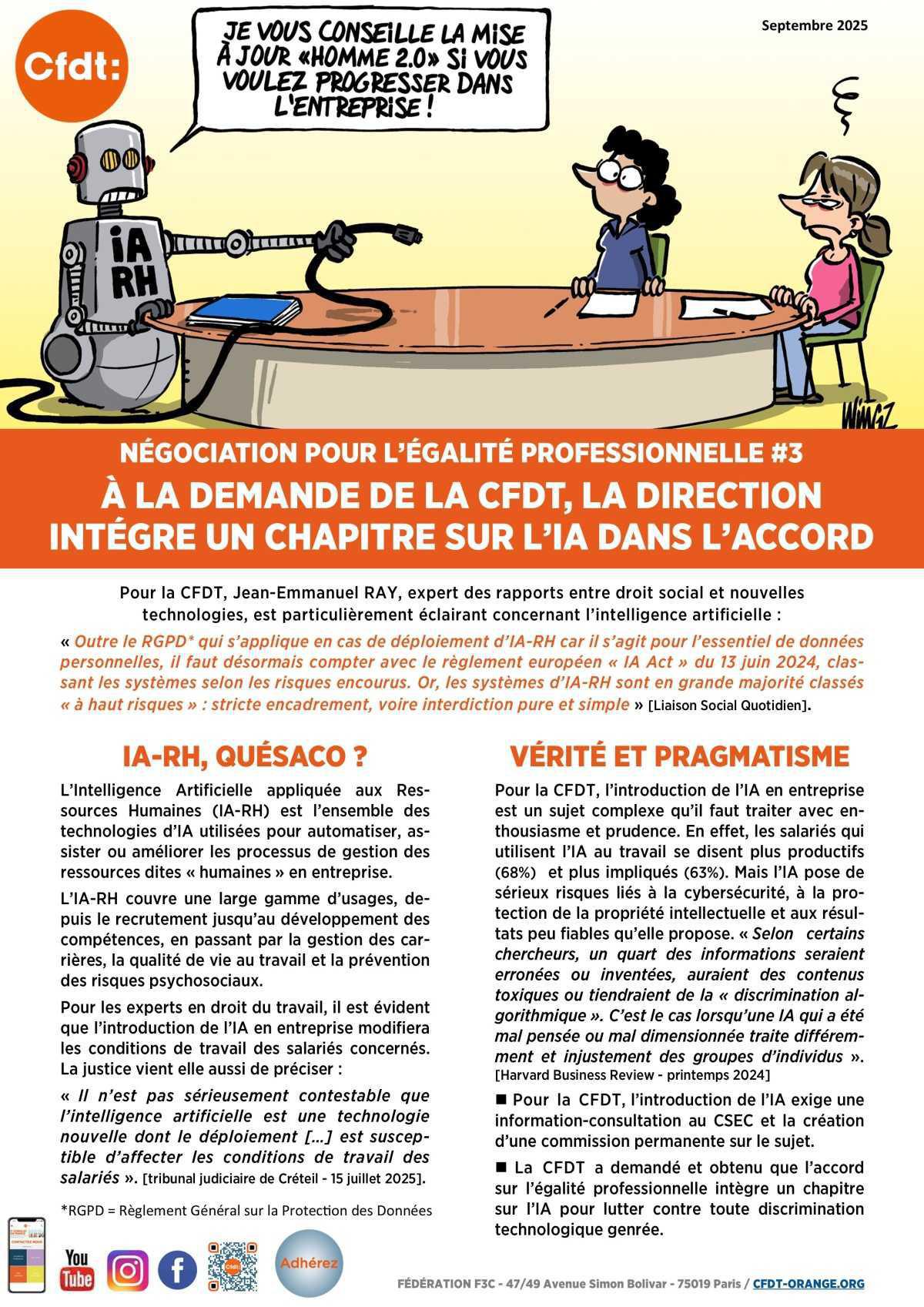 NÉGOCIATION POUR L’ÉGALITÉ PROFESSIONNELLE #3 À LA DEMANDE DE LA CFDT, LA DIRECTION INTÉGRE UN CHAPITRE SUR L’IA DANS L’ACCORD