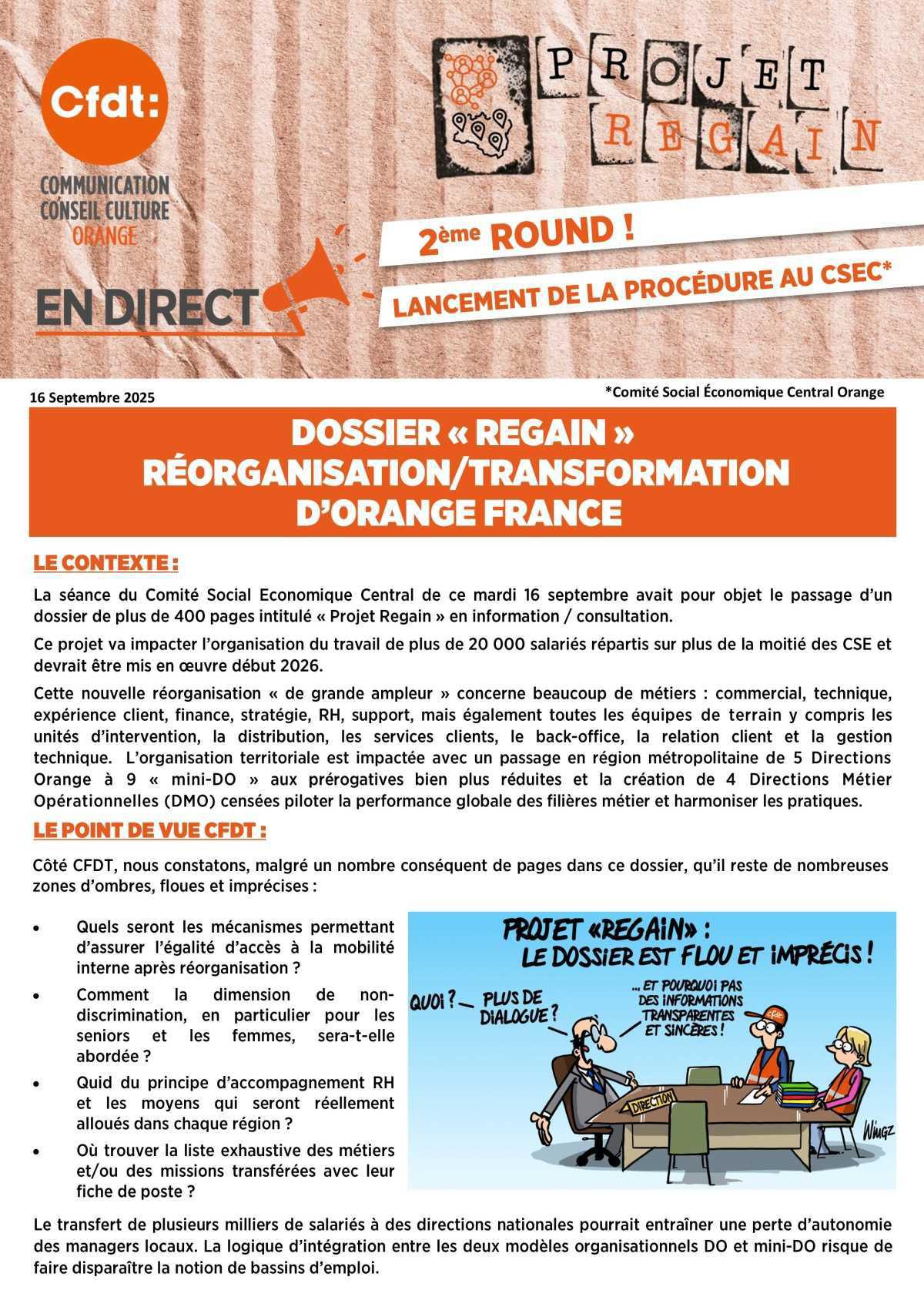 2ÈME ROUND ! LANCEMENT DE LA PROCÉDURE AU CSEC DOSSIER « REGAIN » RÉORGANISATION/TRANSFORMATION D’ORANGE FRANCE 