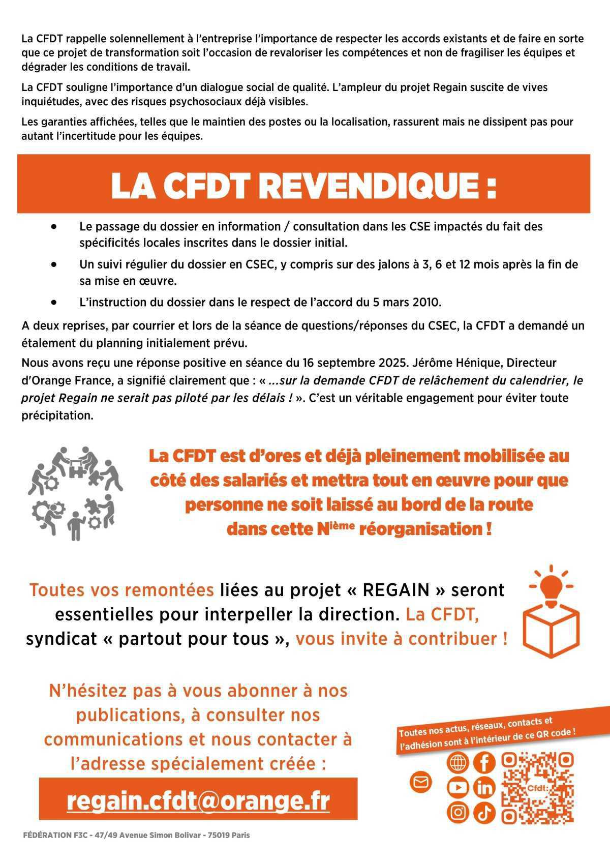 2ÈME ROUND ! LANCEMENT DE LA PROCÉDURE AU CSEC DOSSIER « REGAIN » RÉORGANISATION/TRANSFORMATION D’ORANGE FRANCE 