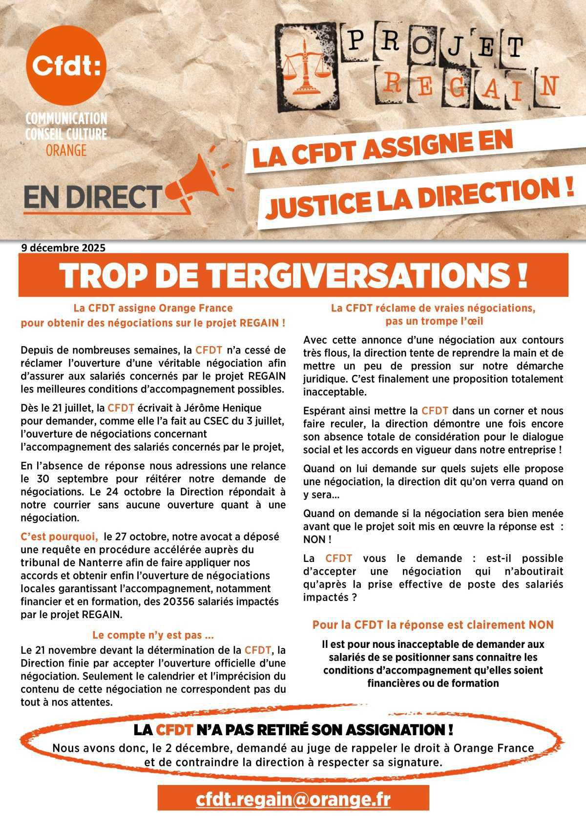 LA CFDT ASSIGNE EN JUSTICE LA DIRECTION !