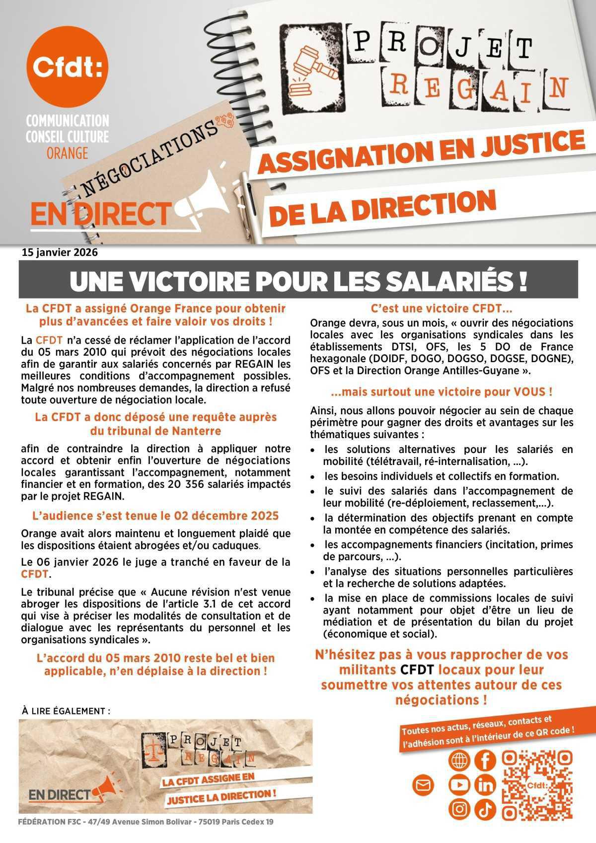 PROJET REGAIN - Assignation en justice de la direction - Une victoire pour les salariés !
