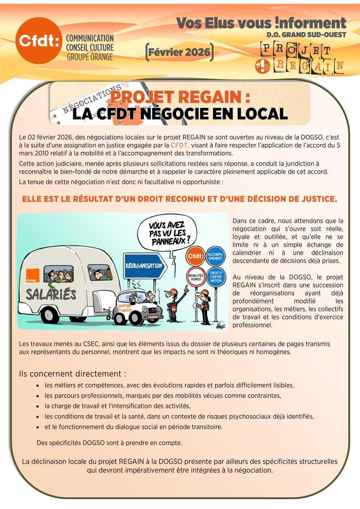 VOS ÉLUS VOUS INFORMENT CFDT ORANGE GSO PROJET REGAIN