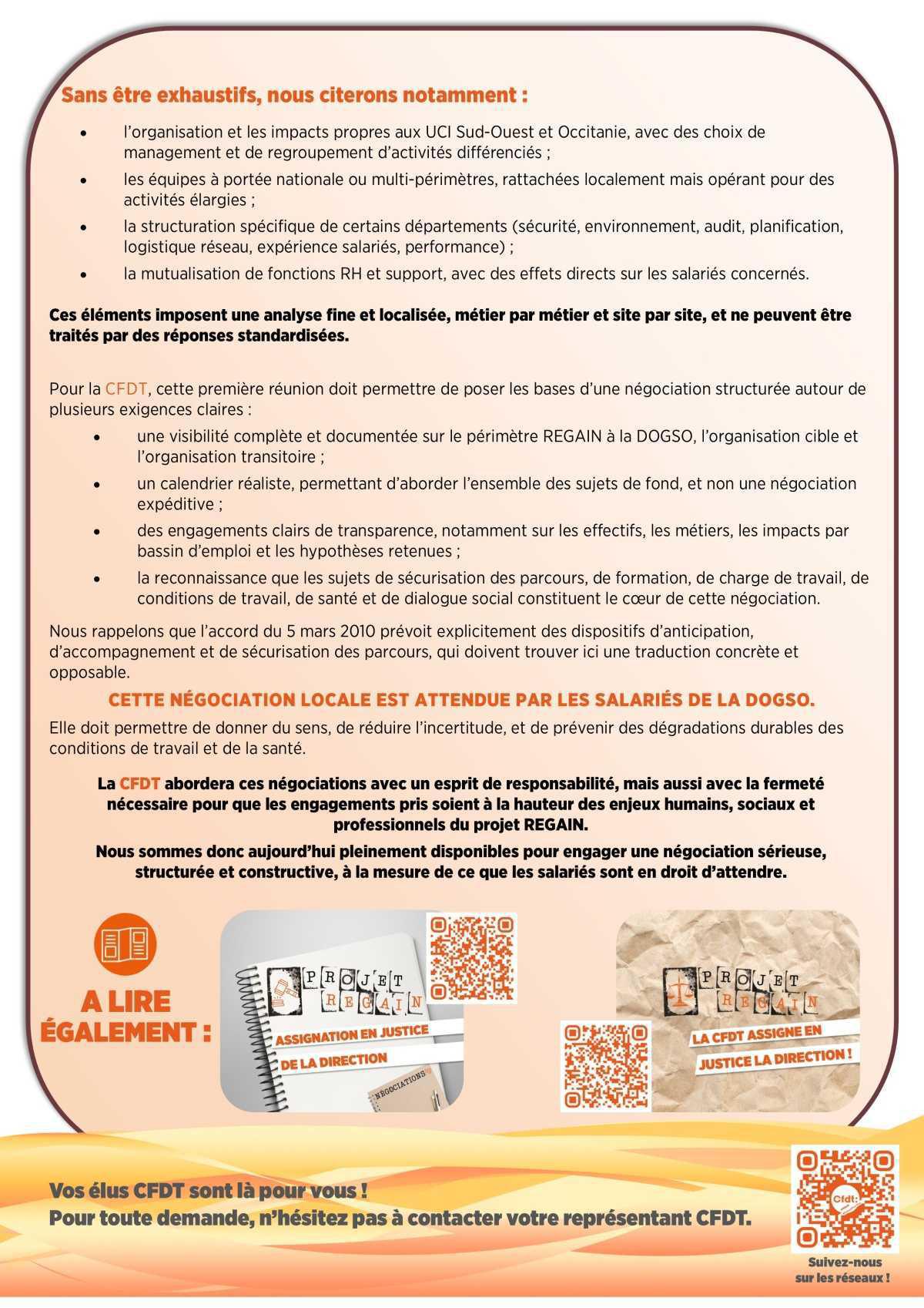 VOS ÉLUS VOUS INFORMENT CFDT ORANGE GSO PROJET REGAIN