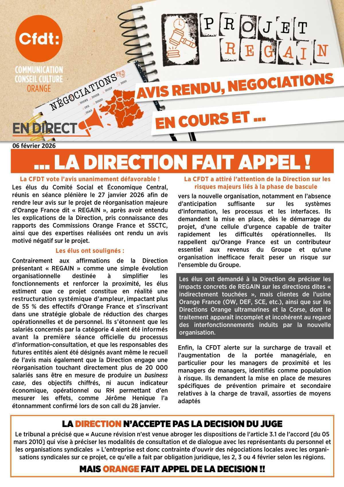 Projet Regain : Avis rendu, négociations en cours et… La direction fait appel !