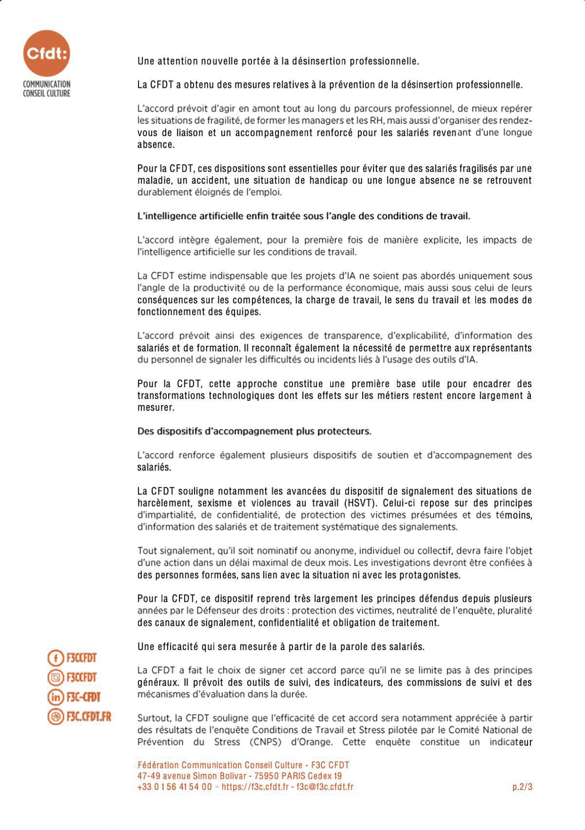Communiqué de presse N°12 – Accord QVCT chez Orange : la CFDT signe pour mieux protéger les salariés face aux transformations du travail