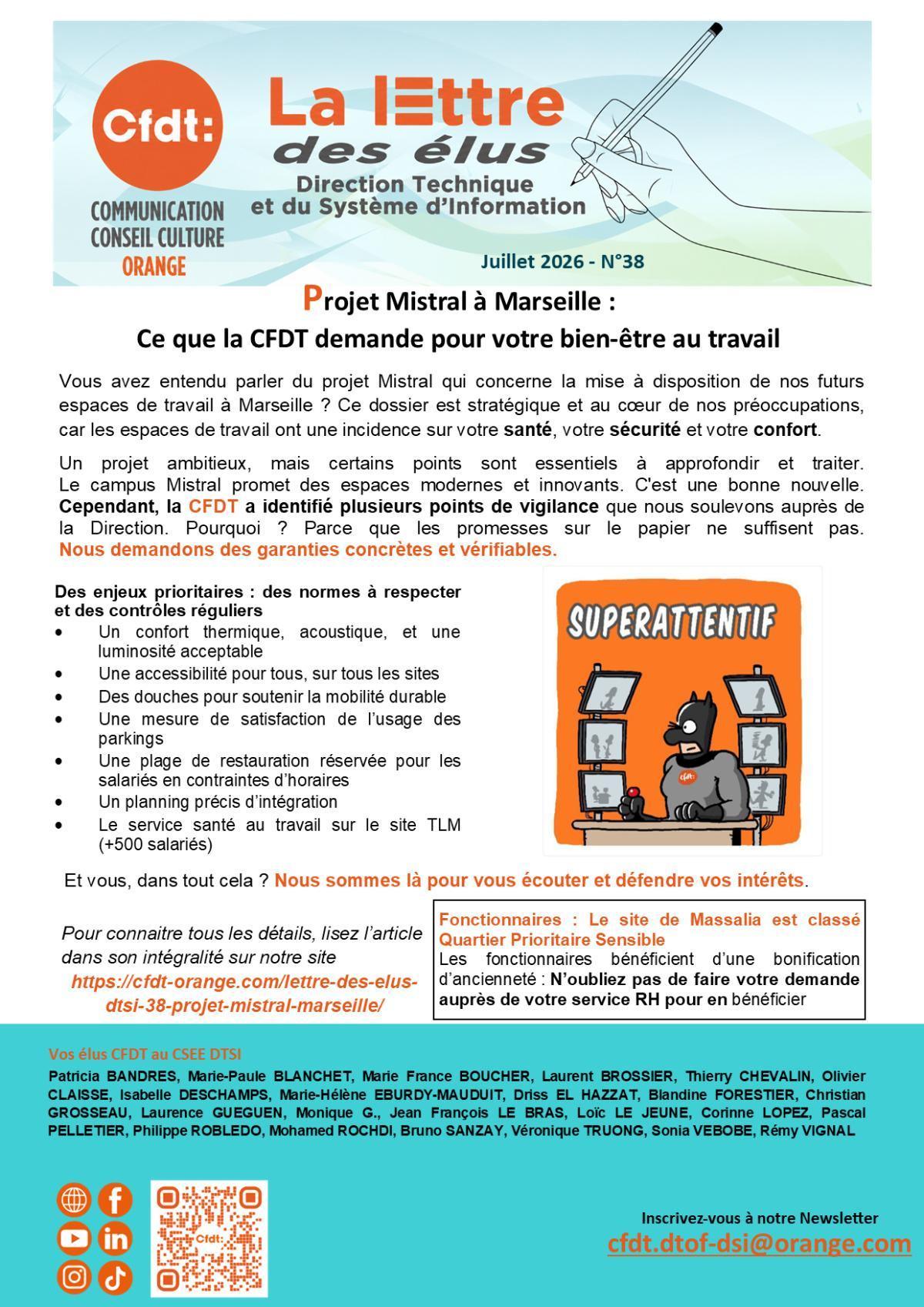 La lettre des élus DTSI #38 - Projet Mistral à Marseille : Ce que la CFDT demande pour votre bien-être au travail
