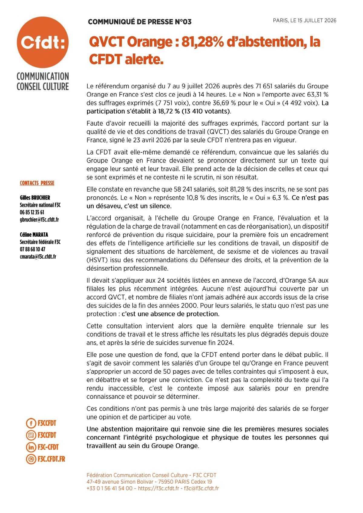 QVCT Orange : 81,28% d’abstention, la CFDT alerte.