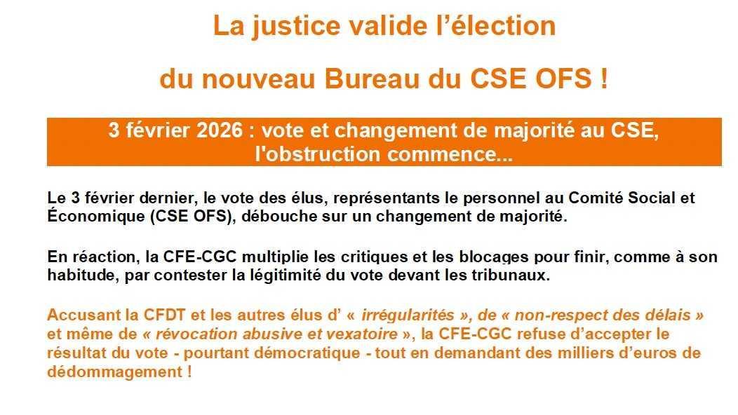 La justice valide l'élection du nouveau Bureau du CSE OFS ! Juillet 2026