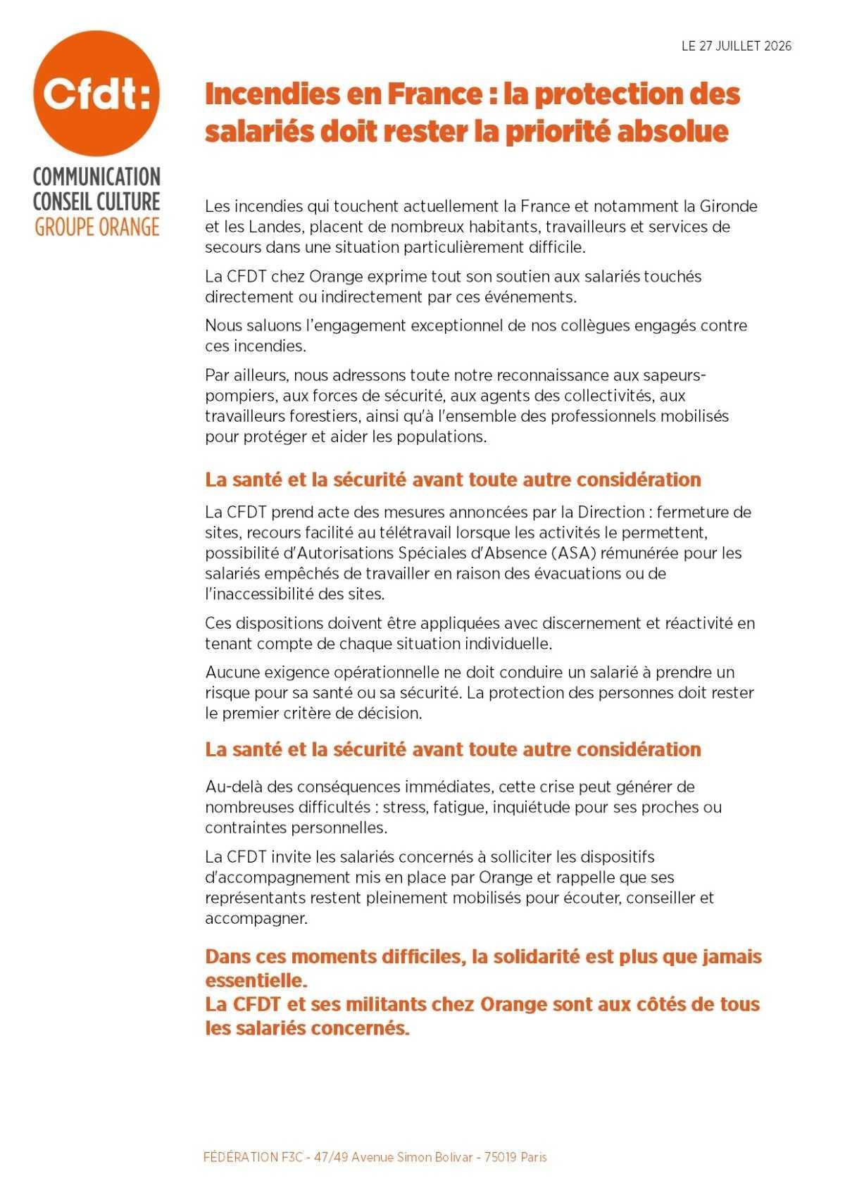 Incendies en France : la protection des salariés doit rester la priorité absolue