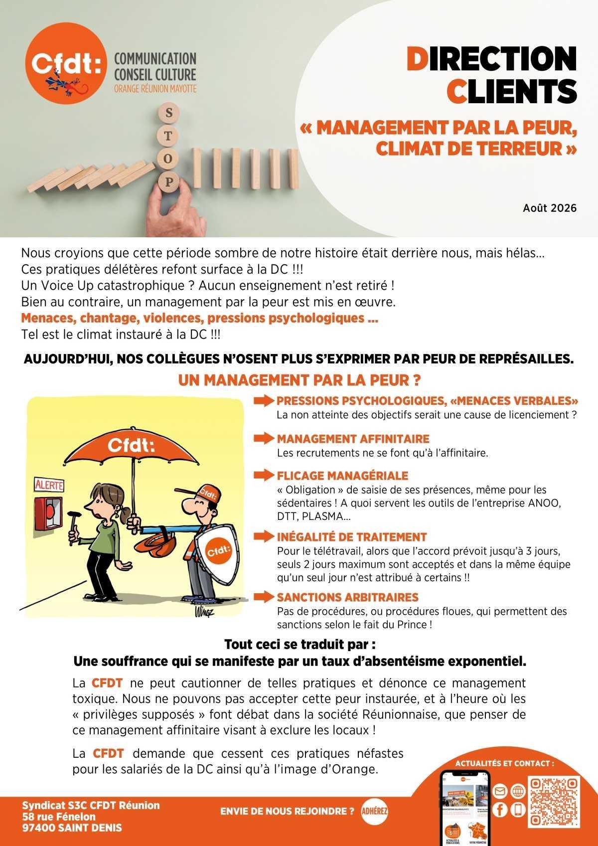 Direction Clients - « Management par la peur, climat de terreur »