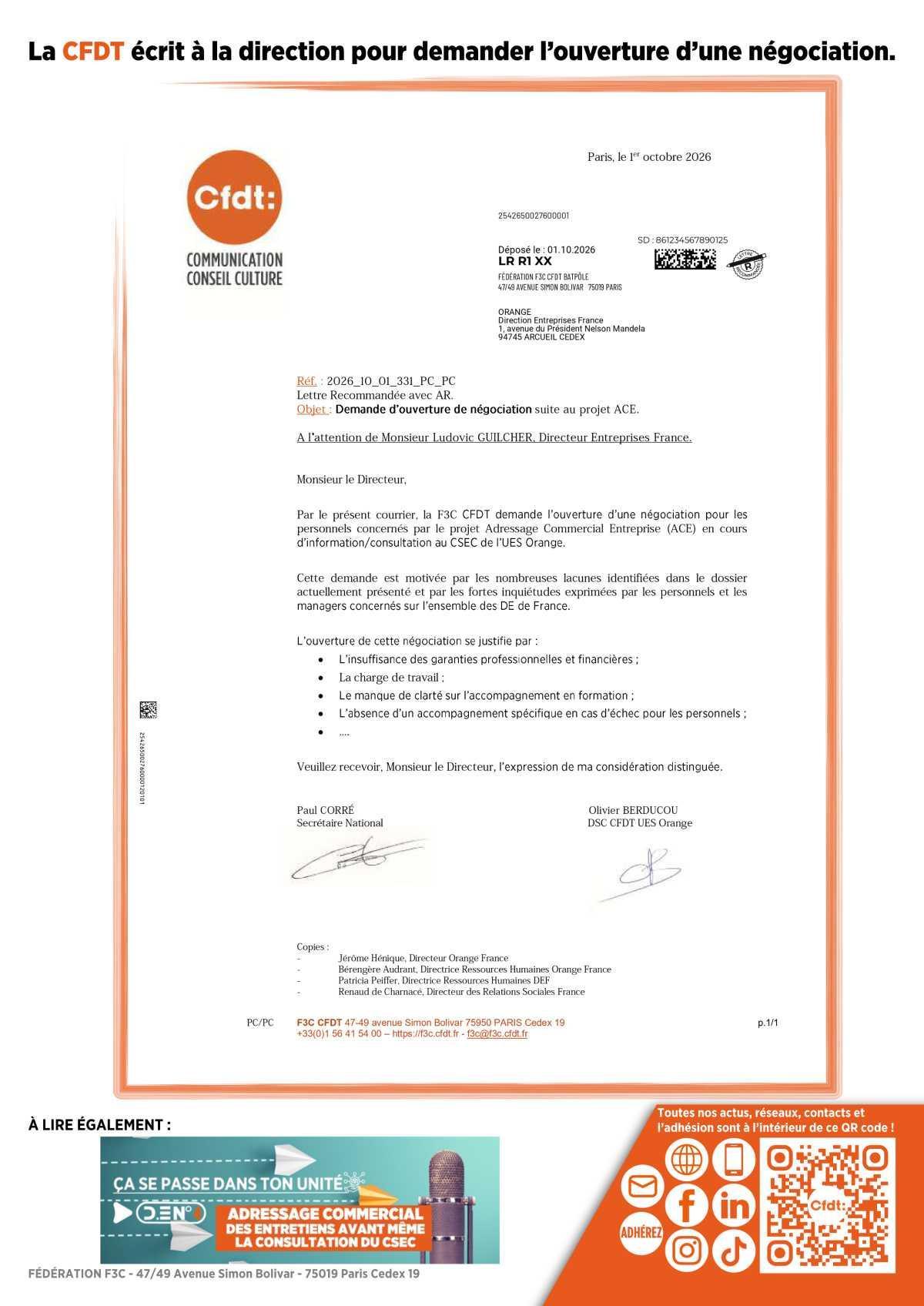 PROJET ACE - LA CFDT DEMANDE L’OUVERTURE D’UNE NÉGOCIATION