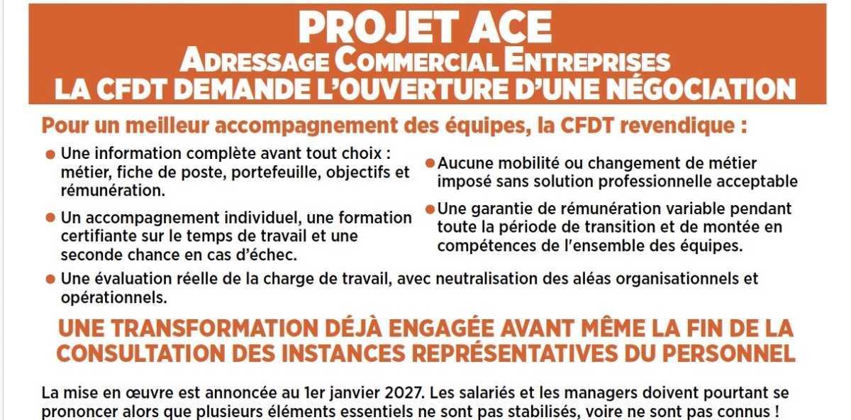 PROJET ACE ADRESSAGE COMMERCIAL ENTREPRISES LA CFDT DEMANDE L’OUVERTURE D’UNE NÉGOCIATION (OCT.2026)