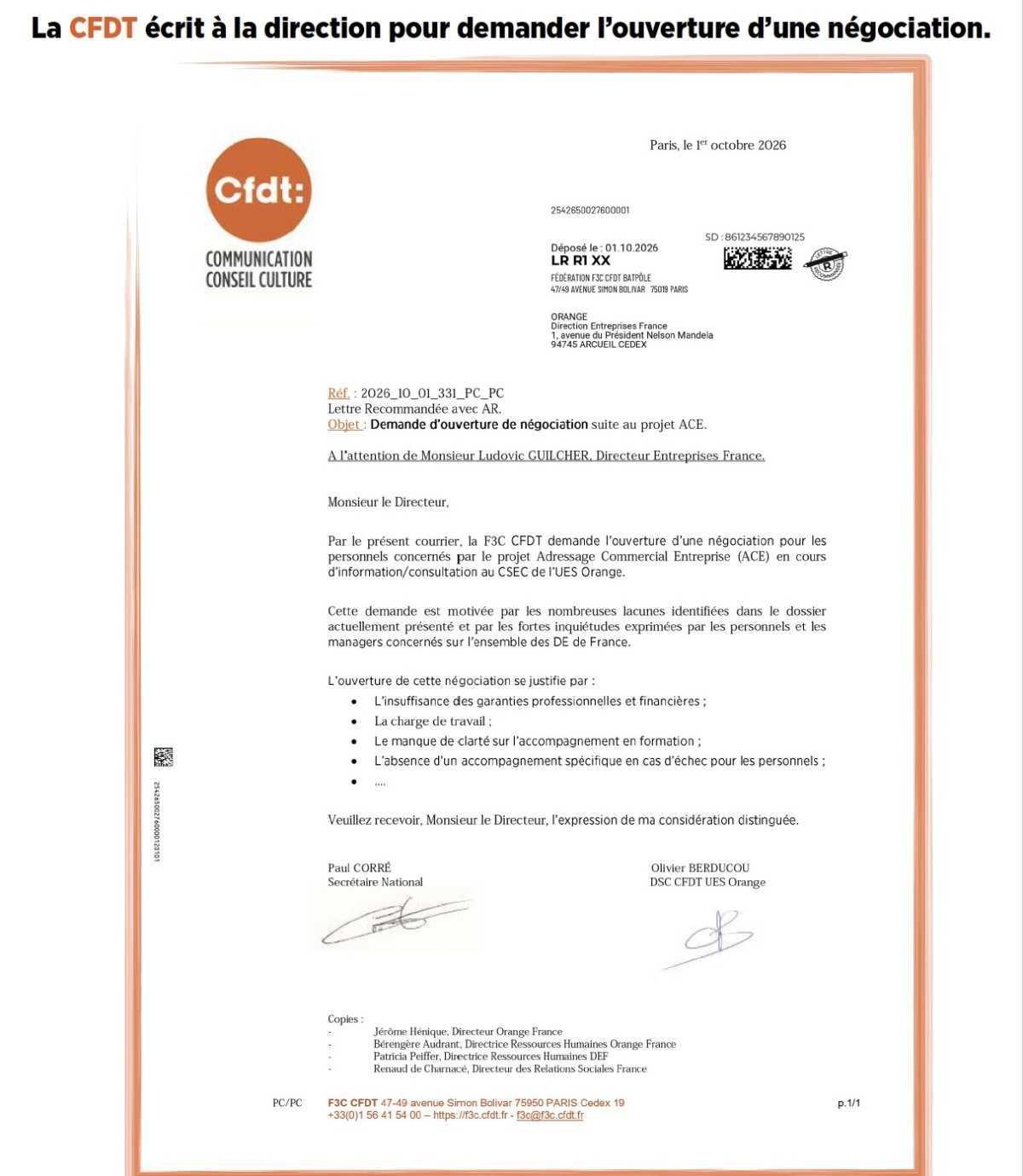 PROJET ACE ADRESSAGE COMMERCIAL ENTREPRISES LA CFDT DEMANDE L’OUVERTURE D’UNE NÉGOCIATION (OCT.2026)