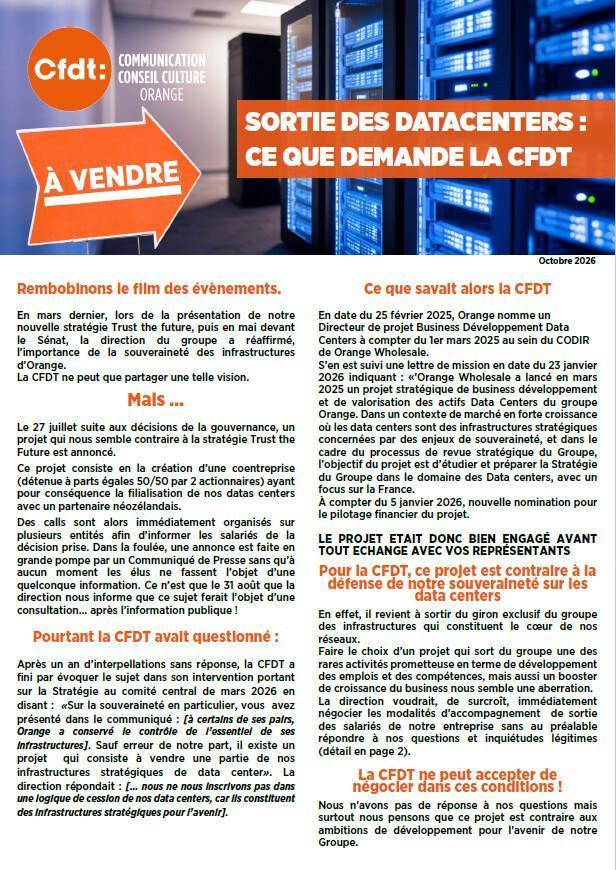 SORTIE DES DATACENTERS : CE QUE DEMANDE LA CFDT