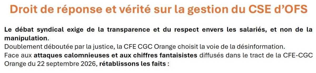Droit de réponse et vérité sur la gestion du CSE d’OFS